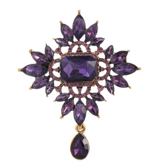 Vintage-Inspired Purple Rhinestone Brooch Gold Tone - Picture 1 of 1